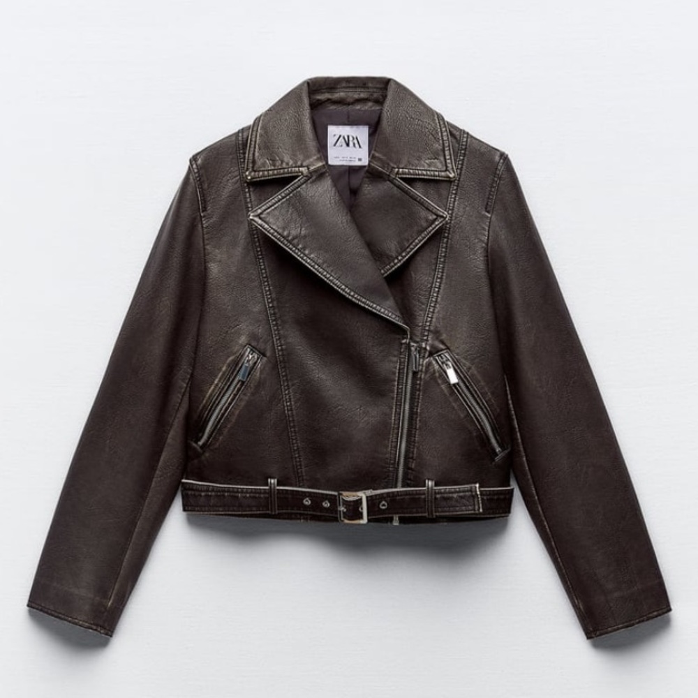 ZARA FAUX DISTRESSED LEATHER JACKET Charcoal - Picture 6 of 12